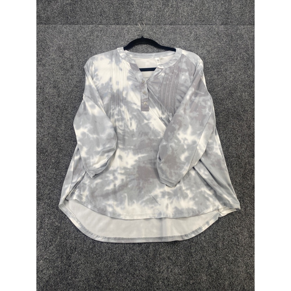 NY Collection Tie Dye Pintuck Blouse Womens Small Grey White Roll Tab Top 2983